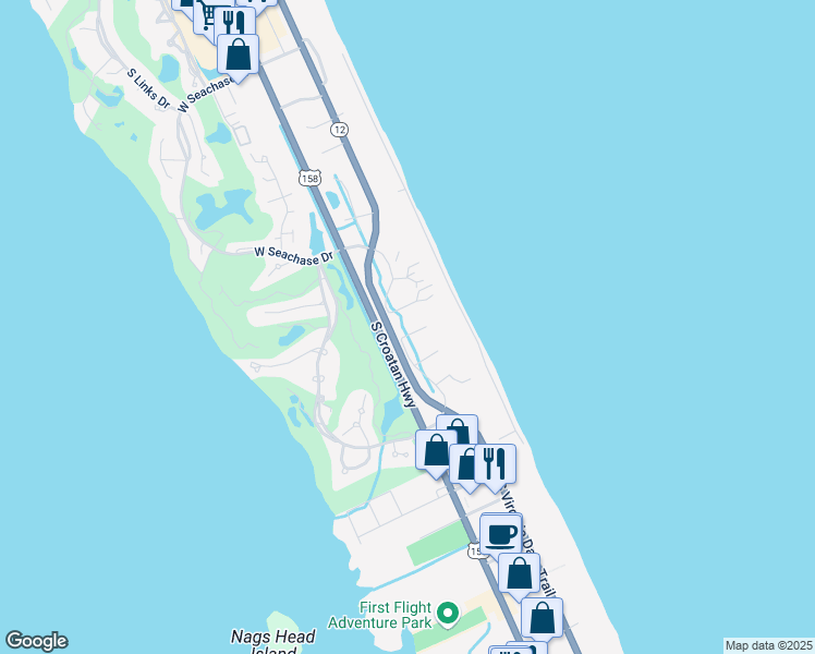 map of restaurants, bars, coffee shops, grocery stores, and more near 104 East Sandfiddler Court in Nags Head