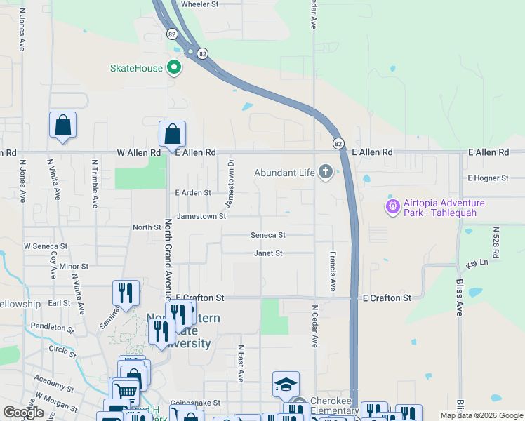 map of restaurants, bars, coffee shops, grocery stores, and more near 510 Joe Carroll Street in Tahlequah