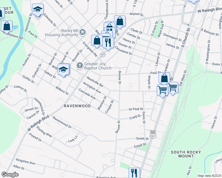 map of restaurants, bars, coffee shops, grocery stores, and more near 628 Nashville Road in Rocky Mount