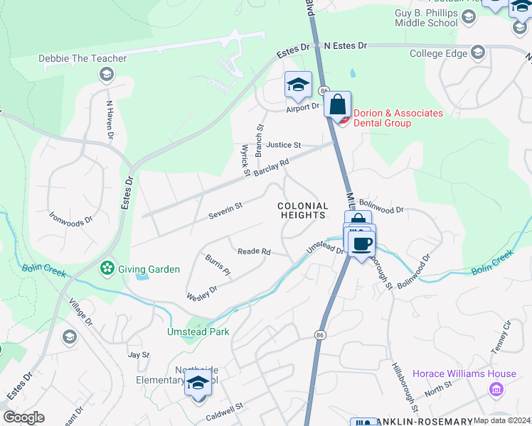 map of restaurants, bars, coffee shops, grocery stores, and more near 393 Wesley Court in Chapel Hill
