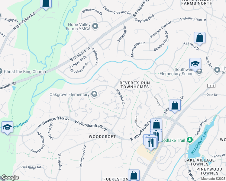 map of restaurants, bars, coffee shops, grocery stores, and more near 8 Hearthwood Circle in Durham
