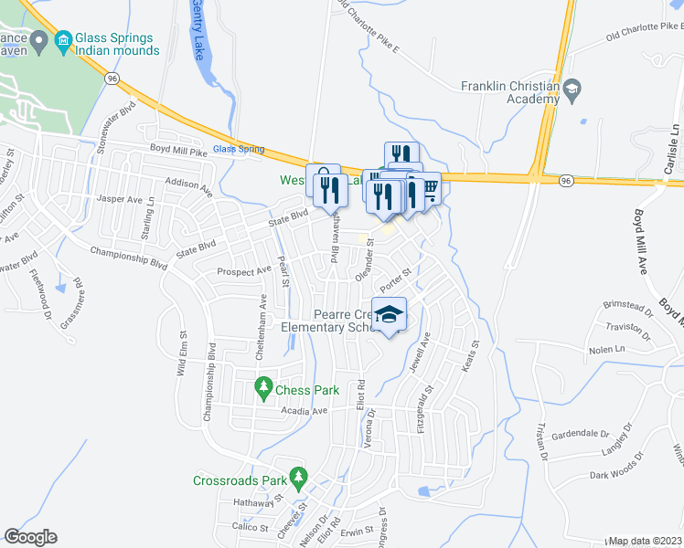 map of restaurants, bars, coffee shops, grocery stores, and more near 1136 Westhaven Boulevard in Franklin