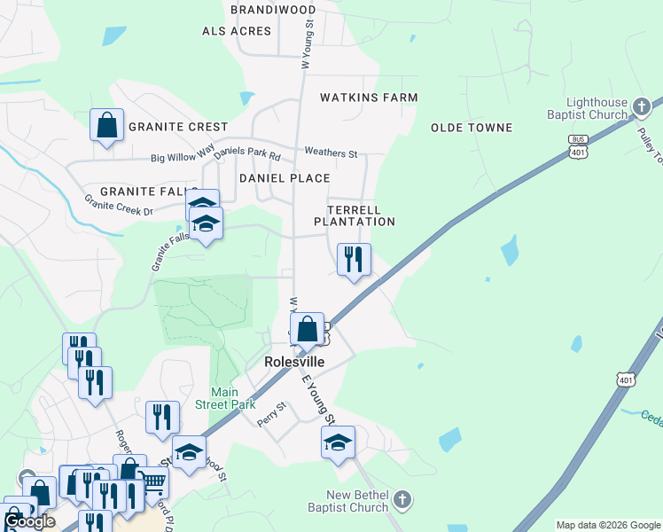 map of restaurants, bars, coffee shops, grocery stores, and more near 108 Nortwick Road in Rolesville