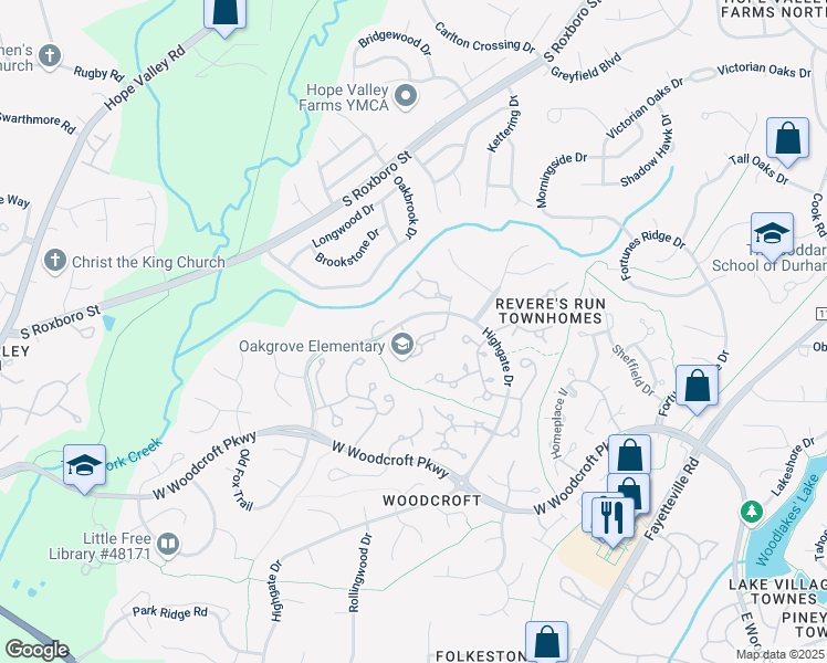 map of restaurants, bars, coffee shops, grocery stores, and more near 3803 Chimney Ridge Place in Durham