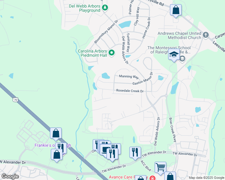 map of restaurants, bars, coffee shops, grocery stores, and more near 213 Rosedale Creek Drive in Durham