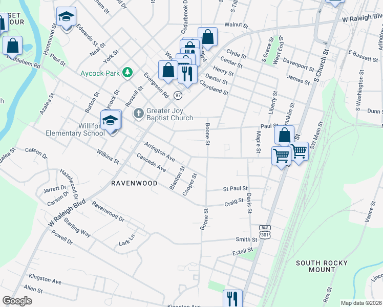 map of restaurants, bars, coffee shops, grocery stores, and more near 504 Arrington Avenue in Rocky Mount