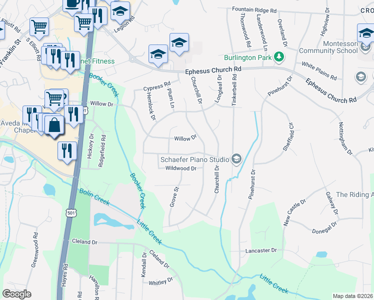 map of restaurants, bars, coffee shops, grocery stores, and more near 1310 Leclair Street in Chapel Hill