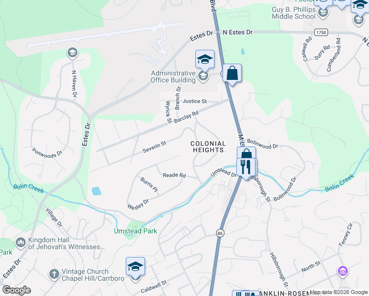 map of restaurants, bars, coffee shops, grocery stores, and more near 380A Wesley Court in Chapel Hill