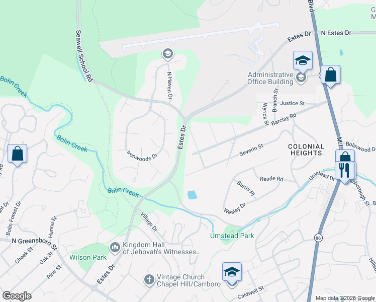 map of restaurants, bars, coffee shops, grocery stores, and more near 405 Barclay Road in Chapel Hill