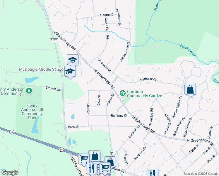 map of restaurants, bars, coffee shops, grocery stores, and more near 411 James Street in Carrboro