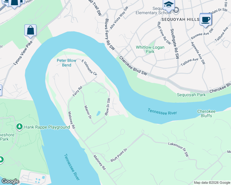 map of restaurants, bars, coffee shops, grocery stores, and more near 2101 Woodmere Lane in Knoxville