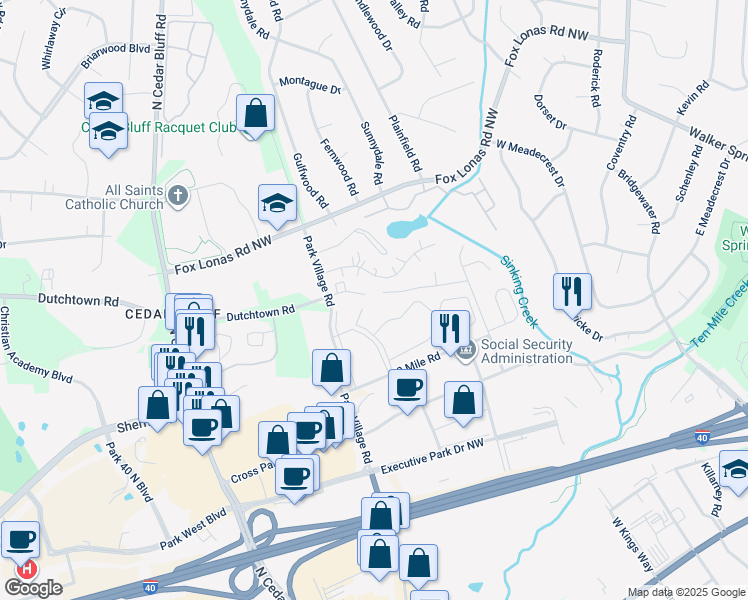 map of restaurants, bars, coffee shops, grocery stores, and more near 9033 Countrywood Drive in Knoxville