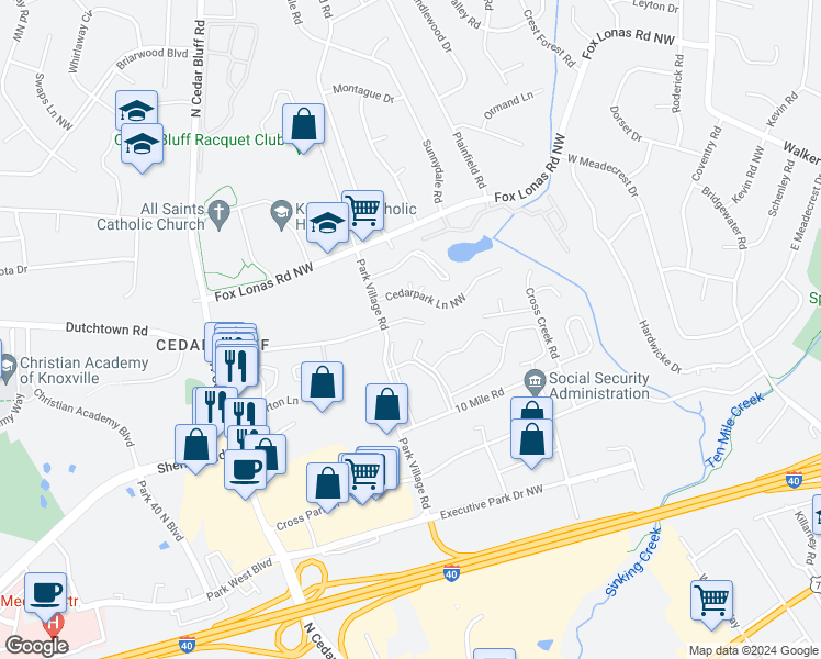 map of restaurants, bars, coffee shops, grocery stores, and more near 9015 10 Mile Road in Knoxville