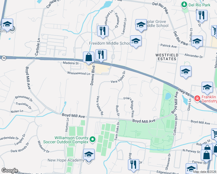 map of restaurants, bars, coffee shops, grocery stores, and more near 3173 Evelyn Court in Franklin