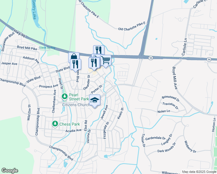 map of restaurants, bars, coffee shops, grocery stores, and more near 1615 Townsend Boulevard in Franklin