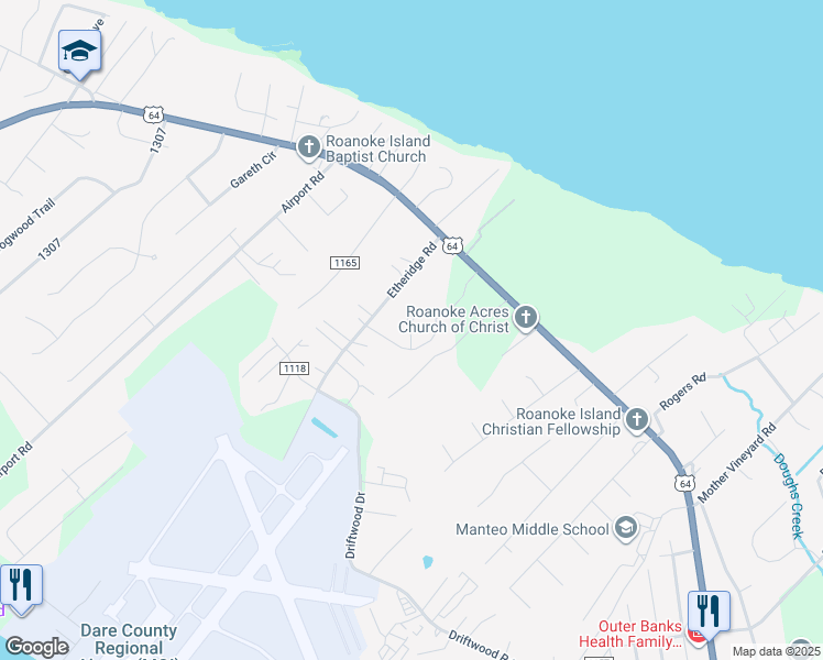 map of restaurants, bars, coffee shops, grocery stores, and more near Scarborough Square Turnpike in Dare County