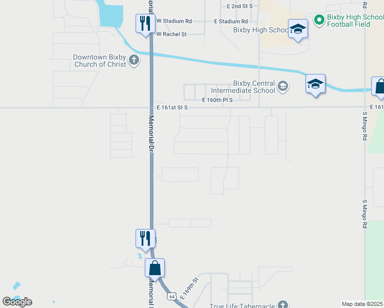 map of restaurants, bars, coffee shops, grocery stores, and more near 8319 East 164th Street South in Bixby
