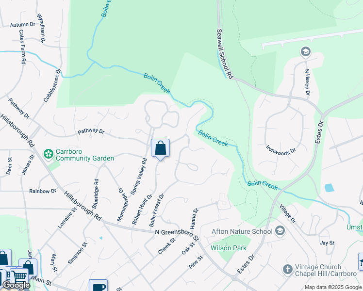 map of restaurants, bars, coffee shops, grocery stores, and more near 302 Bolin Creek Drive in Carrboro