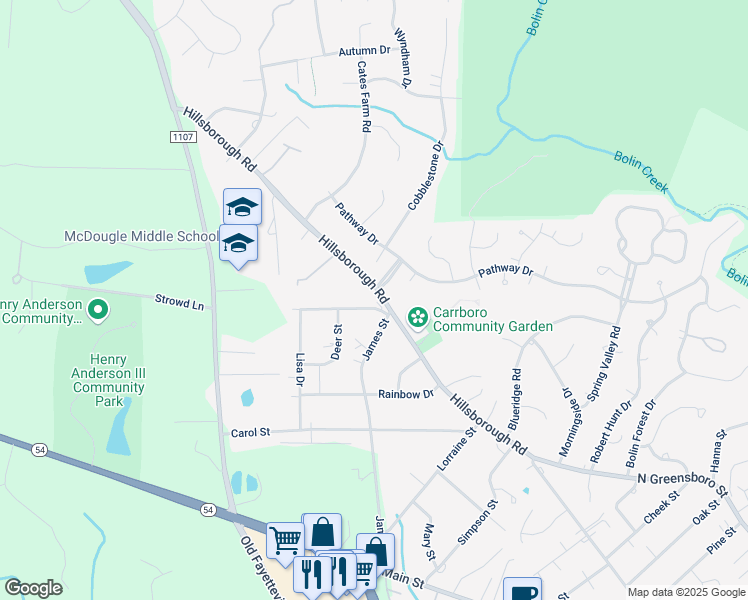 map of restaurants, bars, coffee shops, grocery stores, and more near 411 James Street in Carrboro