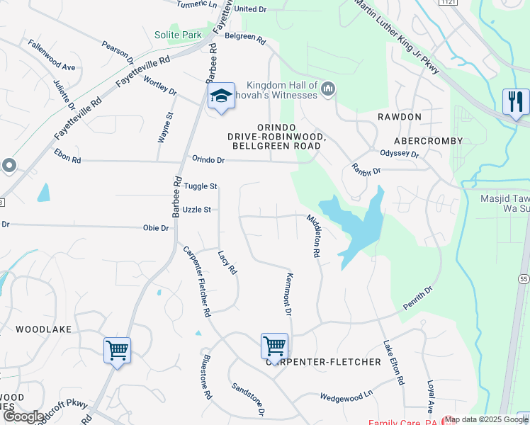 map of restaurants, bars, coffee shops, grocery stores, and more near 5201 Middleton Road in Durham