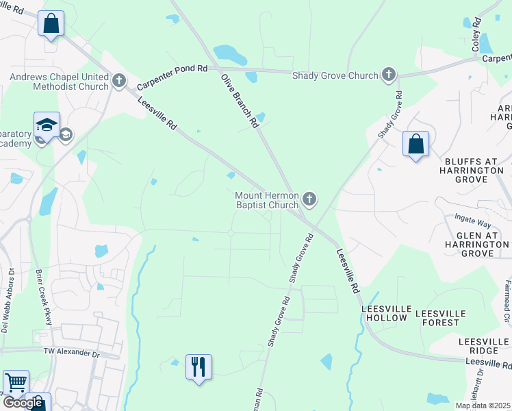 map of restaurants, bars, coffee shops, grocery stores, and more near 7108-7324 Leesville Road in Durham