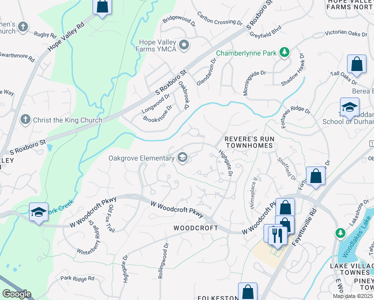 map of restaurants, bars, coffee shops, grocery stores, and more near 3706 Chimney Ridge Place in Durham