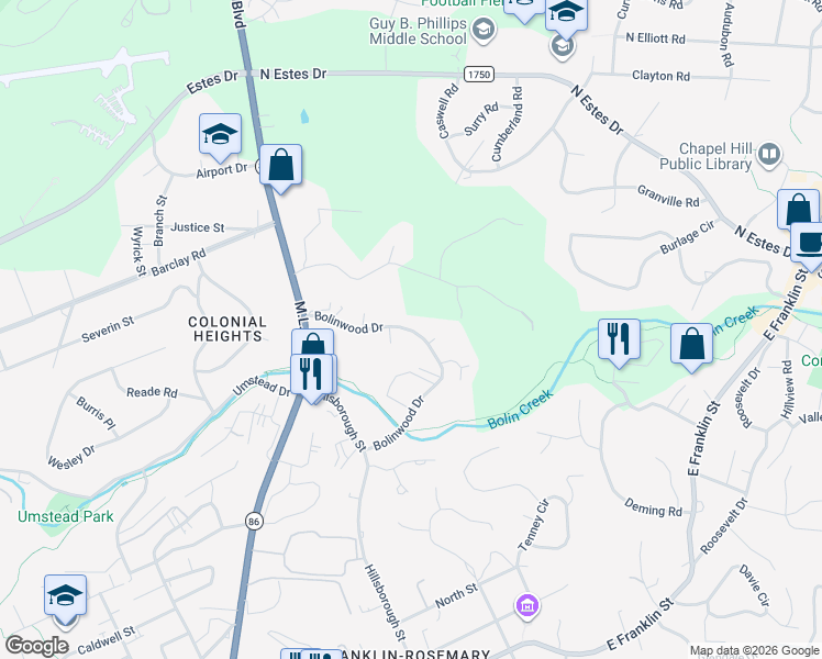 map of restaurants, bars, coffee shops, grocery stores, and more near 103 Songbird Lane in Chapel Hill