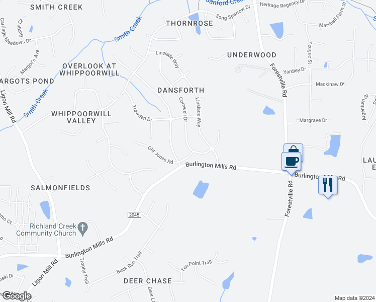 map of restaurants, bars, coffee shops, grocery stores, and more near 9021 Cornwell Drive in Wake Forest