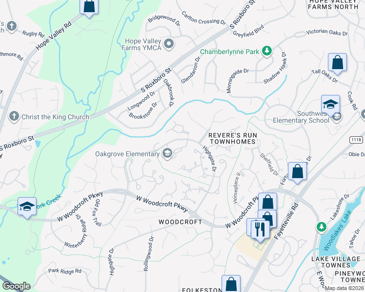 map of restaurants, bars, coffee shops, grocery stores, and more near 3805 Chimney Ridge Place in Durham