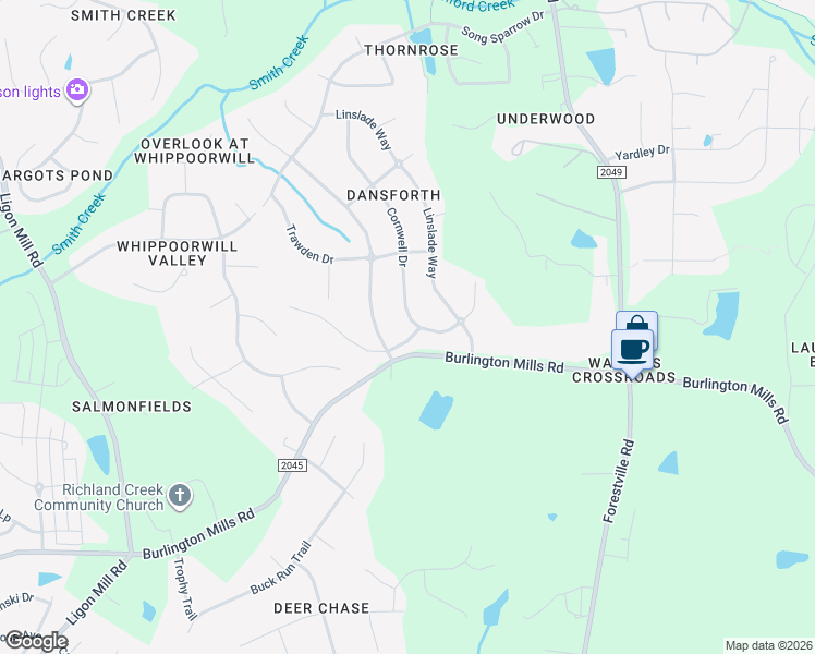 map of restaurants, bars, coffee shops, grocery stores, and more near 9021 Cornwell Drive in Wake Forest
