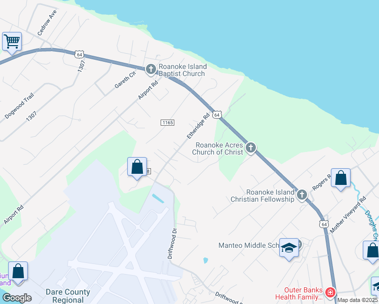 map of restaurants, bars, coffee shops, grocery stores, and more near Scarborough Square in Manteo