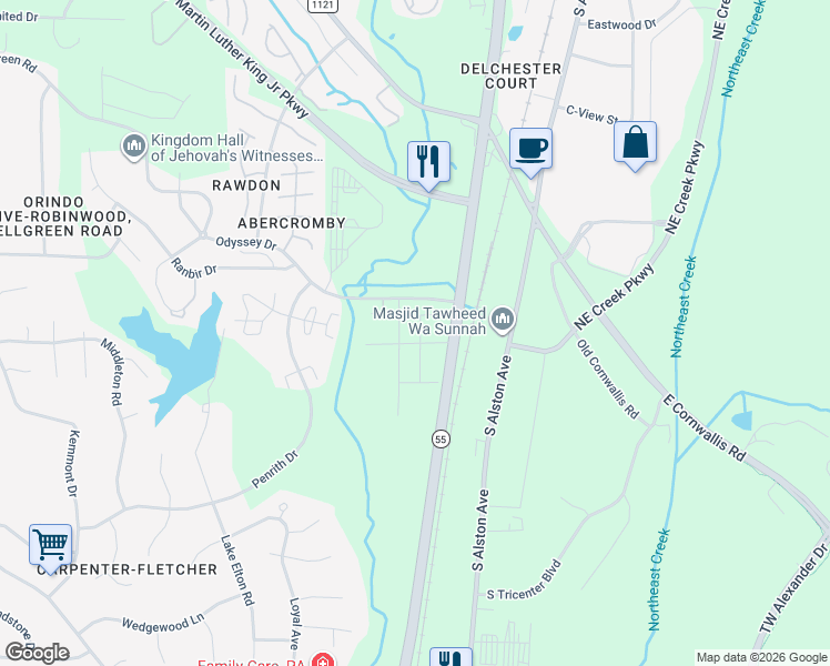 map of restaurants, bars, coffee shops, grocery stores, and more near 3500 Apex Highway in Durham