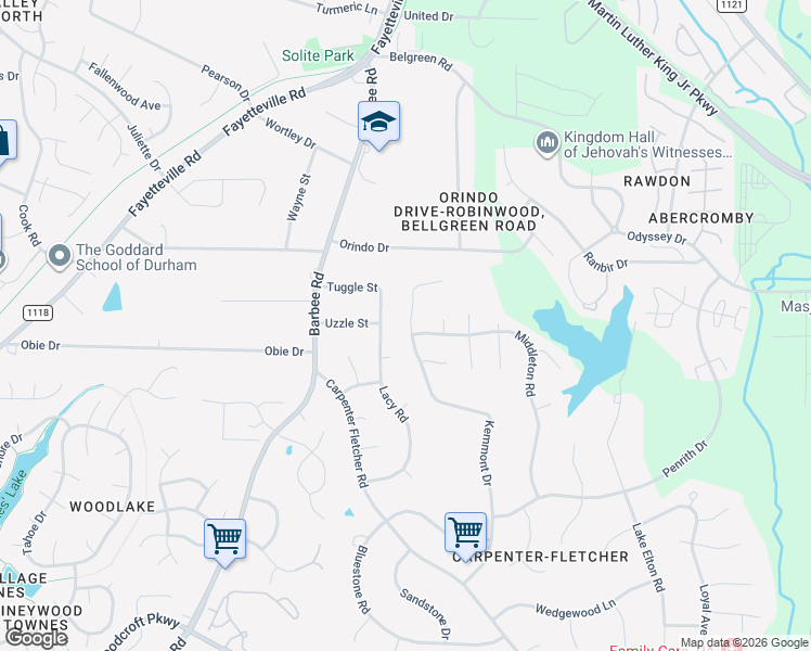 map of restaurants, bars, coffee shops, grocery stores, and more near 33 Briarwood Court in Durham