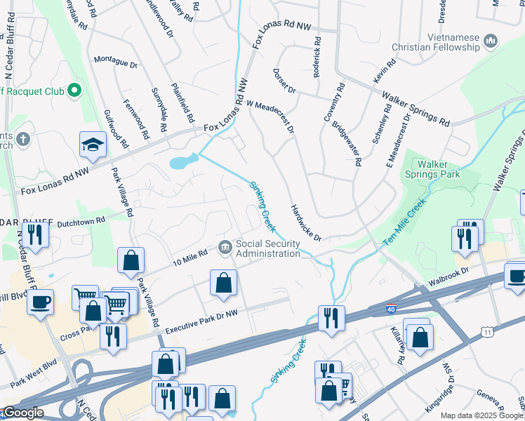 map of restaurants, bars, coffee shops, grocery stores, and more near 451 Eagle Brook Drive in Knoxville