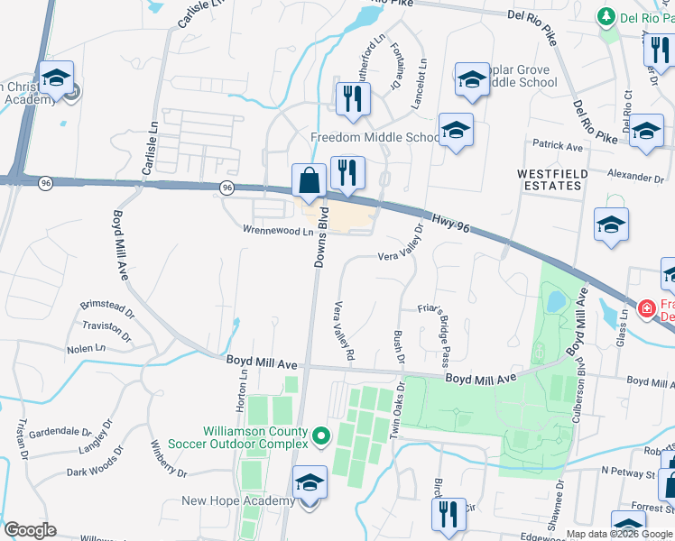 map of restaurants, bars, coffee shops, grocery stores, and more near 3139 Vera Valley Drive in Franklin