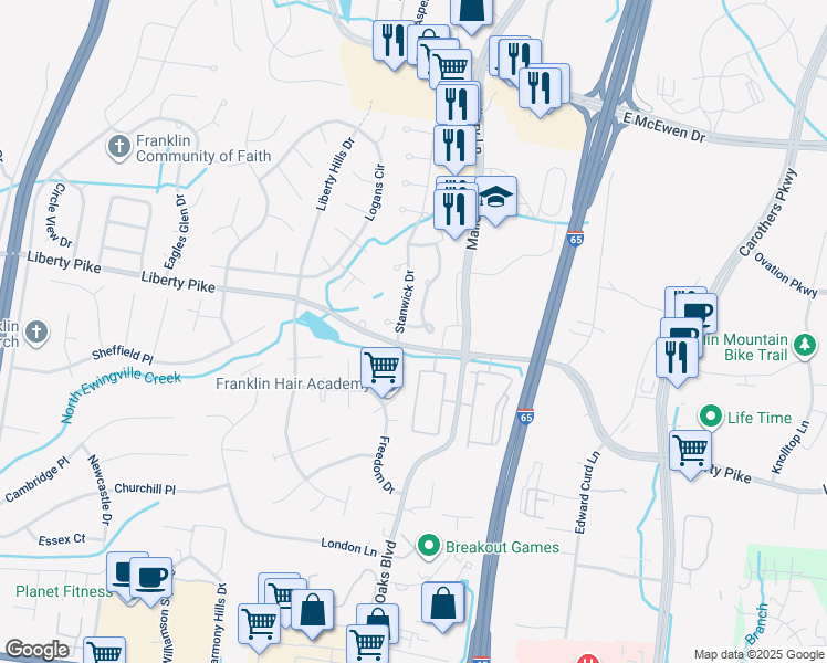 map of restaurants, bars, coffee shops, grocery stores, and more near 608 Huffine Manor Circle in Franklin