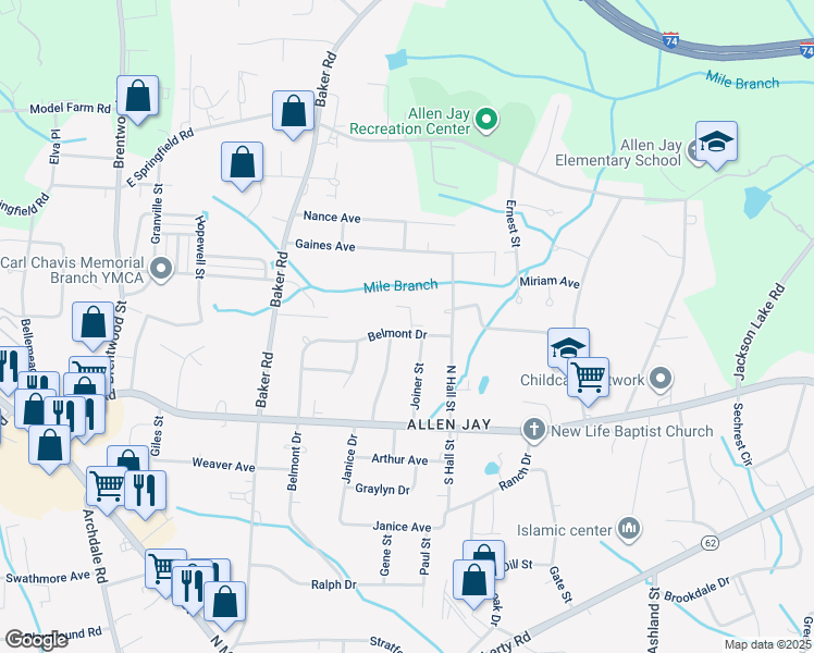 map of restaurants, bars, coffee shops, grocery stores, and more near 803 Belmont Drive in High Point