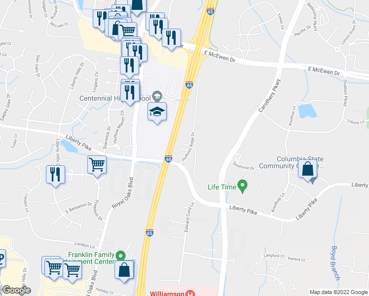 map of restaurants, bars, coffee shops, grocery stores, and more near 1312 Huffine Ridge Drive in Franklin