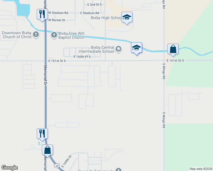 map of restaurants, bars, coffee shops, grocery stores, and more near 9040 East 161st Street South in Bixby
