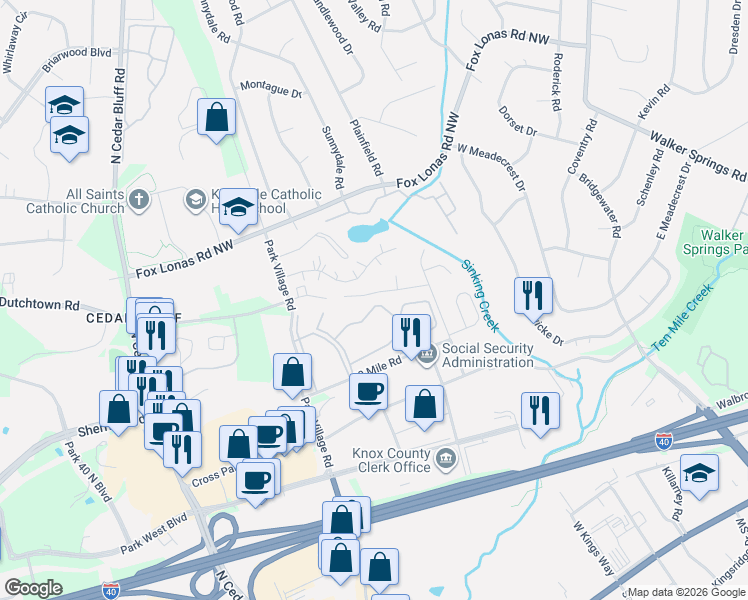 map of restaurants, bars, coffee shops, grocery stores, and more near 9024 Countryside Lane in Knoxville
