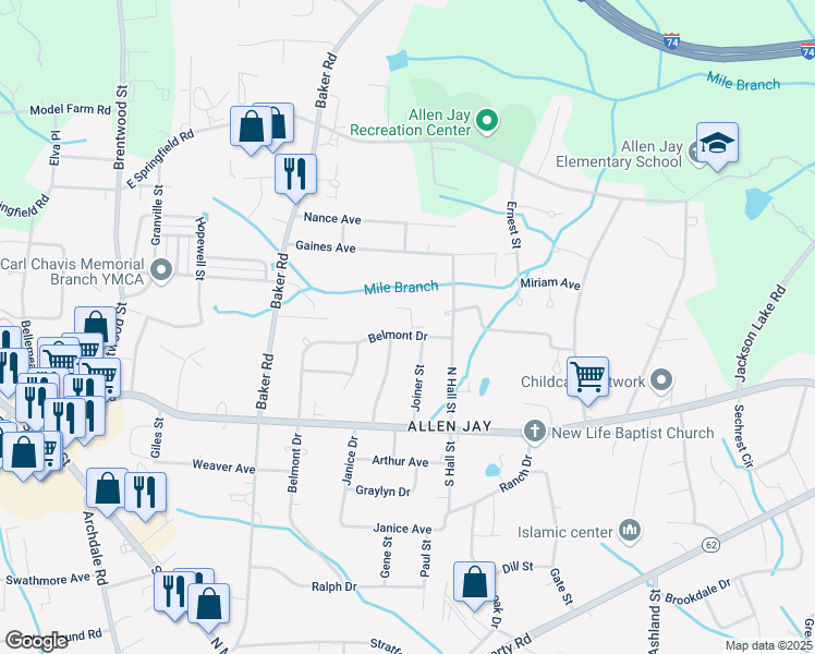 map of restaurants, bars, coffee shops, grocery stores, and more near 803 Belmont Drive in High Point