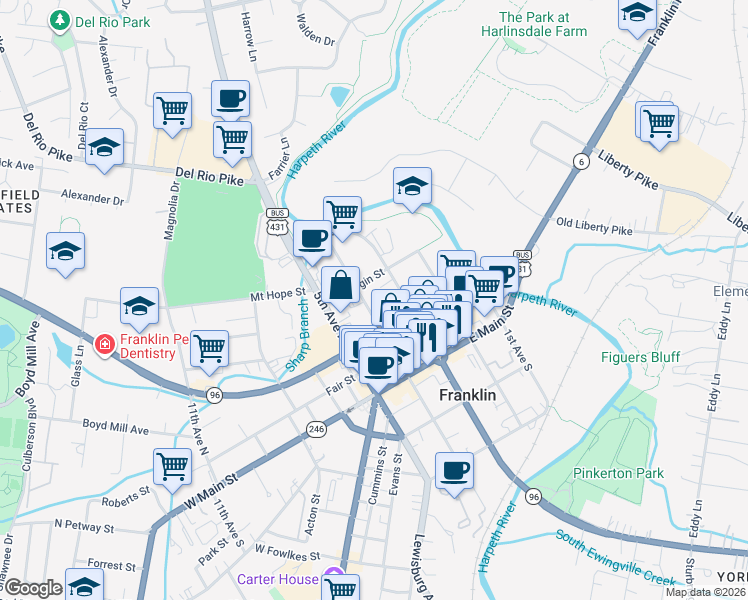 map of restaurants, bars, coffee shops, grocery stores, and more near 228 4th Avenue North in Franklin