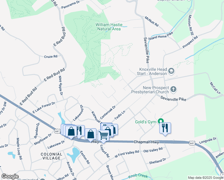 map of restaurants, bars, coffee shops, grocery stores, and more near 6009 Crisp Lane in Knoxville