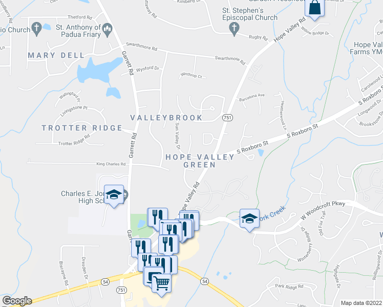 map of restaurants, bars, coffee shops, grocery stores, and more near 4503 Sun Valley Drive in Durham