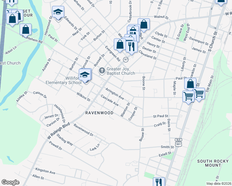 map of restaurants, bars, coffee shops, grocery stores, and more near 529 Arrington Avenue in Rocky Mount