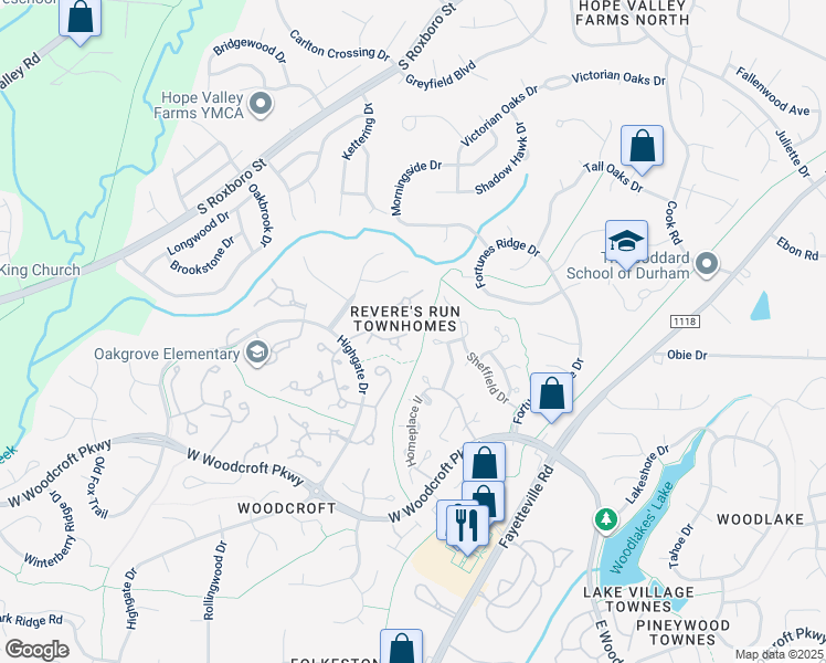 map of restaurants, bars, coffee shops, grocery stores, and more near 3809 Highgate Drive in Durham