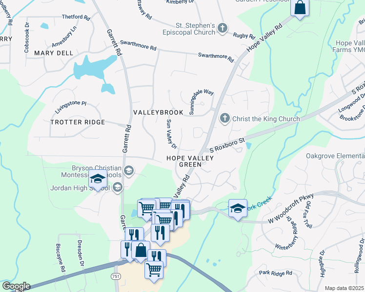 map of restaurants, bars, coffee shops, grocery stores, and more near 4503 Sun Valley Drive in Durham