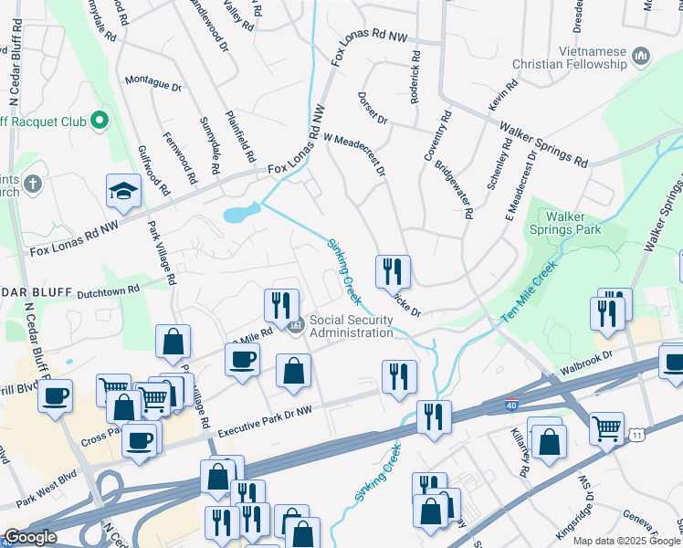 map of restaurants, bars, coffee shops, grocery stores, and more near 451 Eagle Brook Drive in Knoxville
