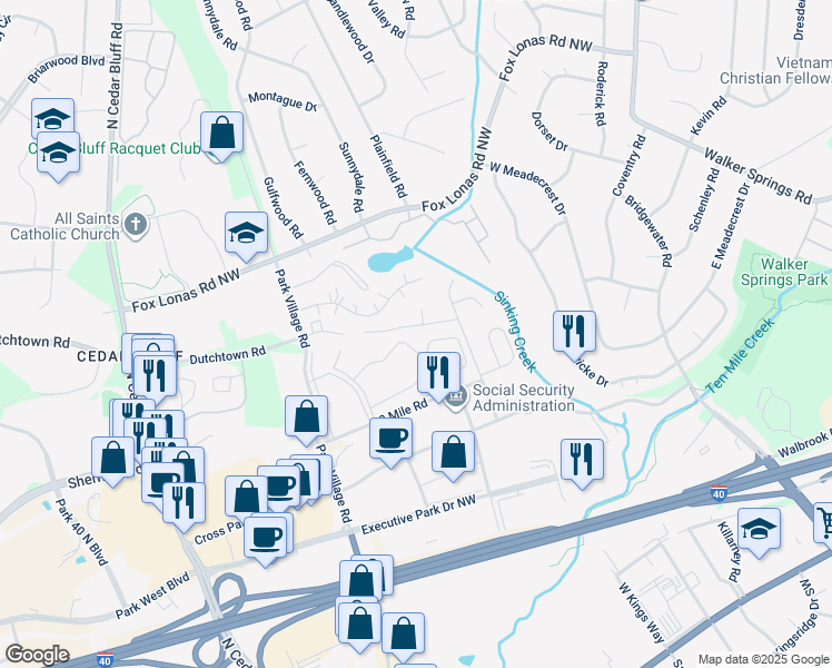 map of restaurants, bars, coffee shops, grocery stores, and more near 9014 Countrywood Drive Northwest in Knoxville