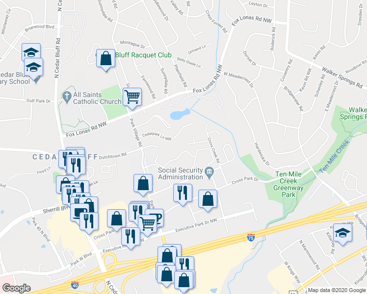map of restaurants, bars, coffee shops, grocery stores, and more near 9014 Countrywood Drive Northwest in Knoxville